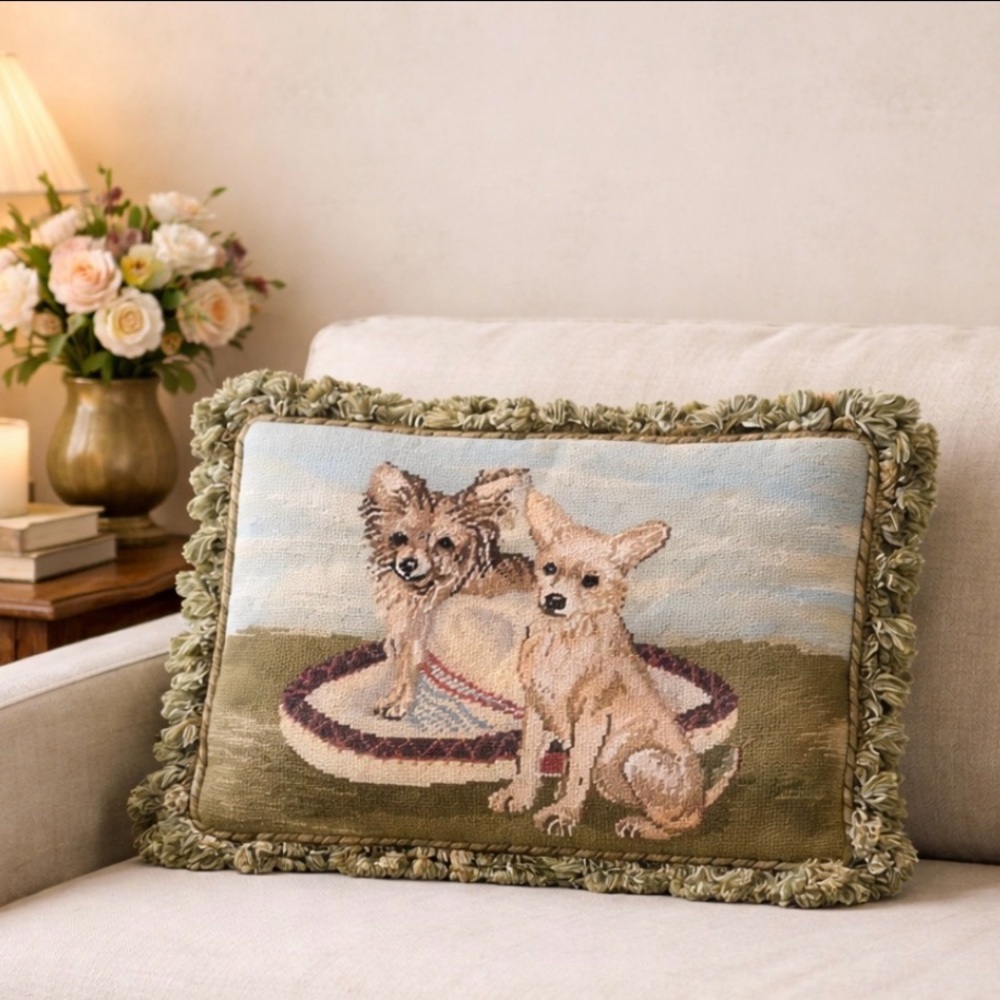Vintage Union Trading Chihuahua Needlepoint Pillow Cover | NWT | Wool & Velvet